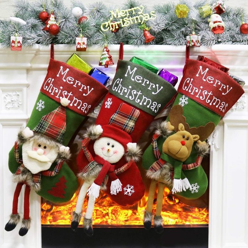 2024 New Year Xmas Big Stockings Set Decorations Christmas 3D Plush Big Sock Christmas Tree Pendant Decorating Supplies - Whimsy Print